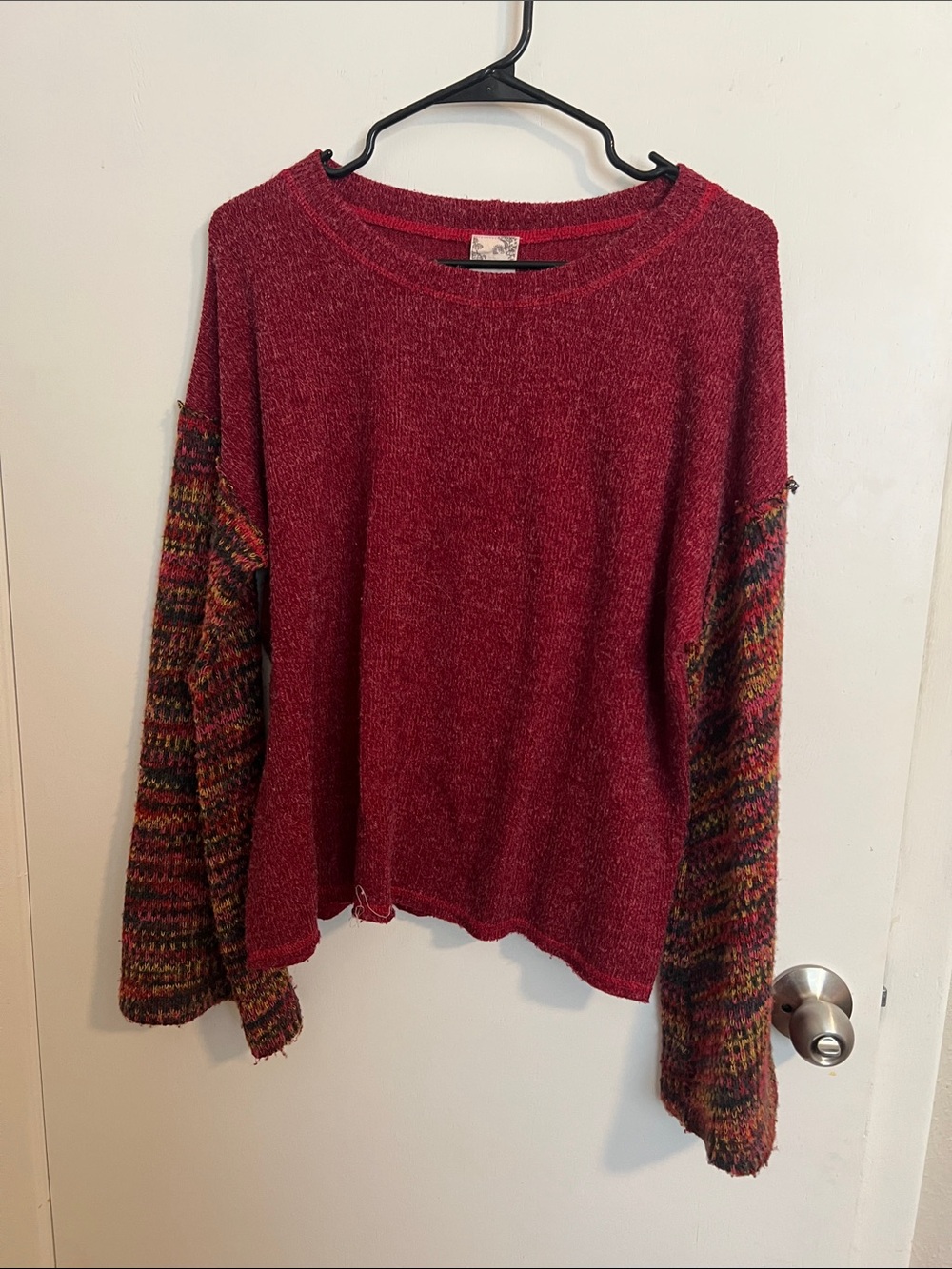 Blu Pepper Maroon Sweater with Multicolor Knit Sleeves